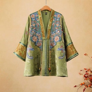 绿野仙踪原创国风新中式 外套艾绿色文艺复古 重工刺绣V领系带开衫