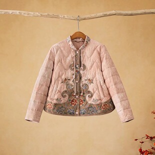 千椿物喜设计师新国风中式复古文艺轻薄刺绣短款羽绒服女冬季外套