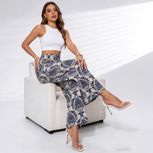 26年春夏热销薄款无弹侧拉链直筒裤女士优雅休闲民族风花藤长裤