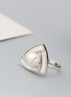 S925纯银天然淡水珍珠白贝戒指