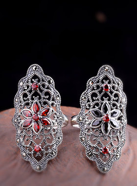 纯银复古镂空黑玛瑙夸张女士戒指