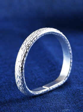 实心手工锤纹开口纯银简约百搭