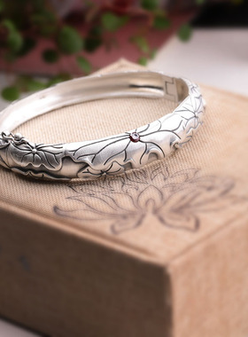 S990足银复古民族风浮雕拉丝荷叶百搭个性女士椭圆开口贵妃手镯环