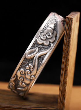 禅意祥云佛手莲花女士银开口手镯