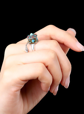 南红玛瑙复古天珠转筒开口戒指