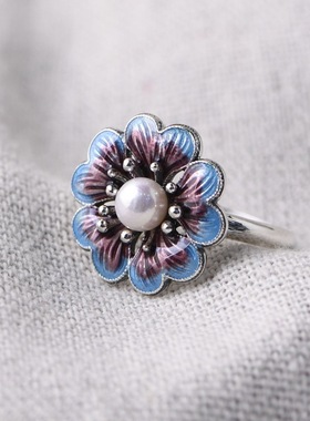 景泰蓝天然淡水珍珠花朵戒指环