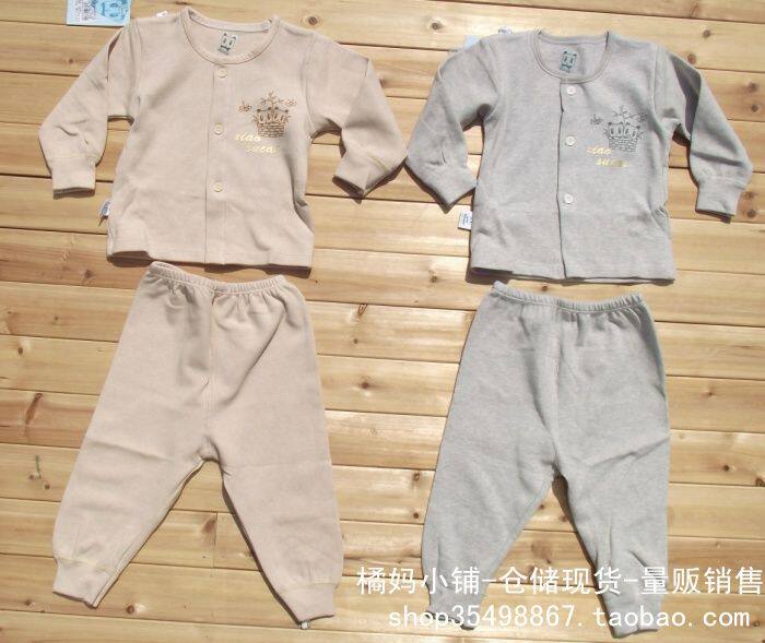 SMALL MATERIAL: SPRING AND AUTUMN BABY CHILDRENS WARM COTTON SINGLE-LAYER THICKENED UNDERWEAR SET ROUND NECK MEDIUM BUCKLE COLOR COTTON ANTIBACTERIAL