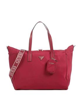 代购GUESS女士手提包大容量多口袋拉链闭合便携收纳红色尼龙材质