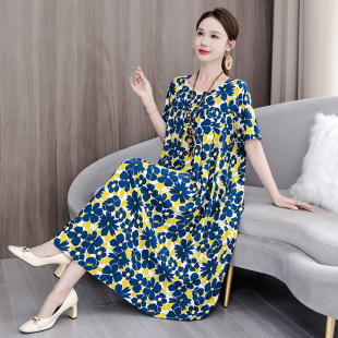 中年妈妈胖mm裙子遮肚宽松大码 新款 棉绸碎花连衣裙夏 女装 2025夏季