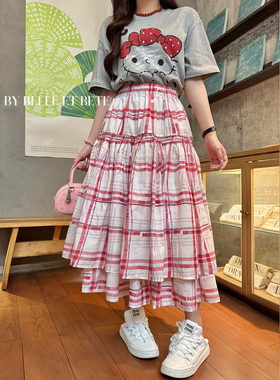 清仓JONI百搭色彩感红色手绘层次感格纹图案双层大摆半身裙