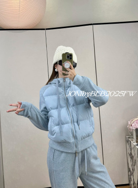 清仓JONI冬季保暖温柔蓝色显白连帽充棉加绒外套加绒直筒裤