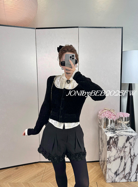 清仓JONI秋冬重工香槟缎面花边翻领拼黑色圆领两件套针织上衣