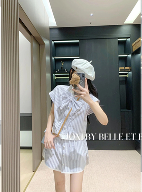 清仓JONI 夏季舒适蓝白条纹全烫钻珍珠扣蝴蝶结装饰短袖衬衣