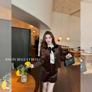 饰丝绒套装 6JONIbyBEB秋天 柿柿如意气质柜线咖色格纹定制钻扣装