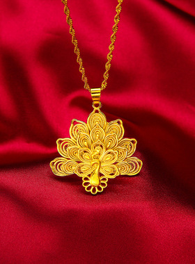 越南沙金孔雀开屏镂空吊坠黄铜镀金民族风锁骨链女士婚庆吊坠项链