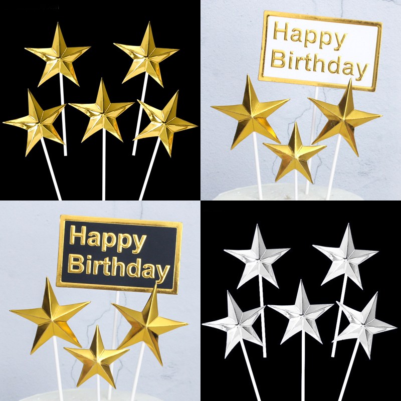 银色立体五角星方形插旗甜品派对