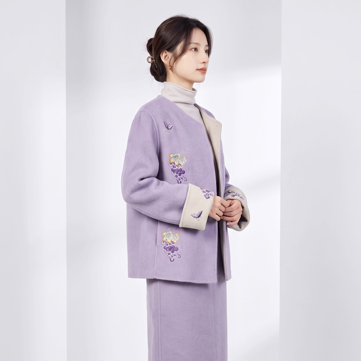 新中式刺绣双面绒大衣女2026秋冬新款长裙斜门襟双面穿气质呢外套