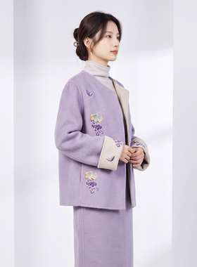 新中式刺绣双面绒大衣女2026秋冬新款长裙斜门襟双面穿气质呢外套