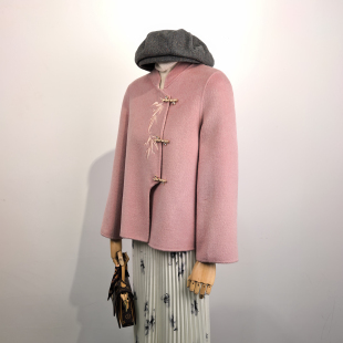刺绣毛呢外套女短款 国风 盘扣粉色高级感小众设计双面呢2026年春季