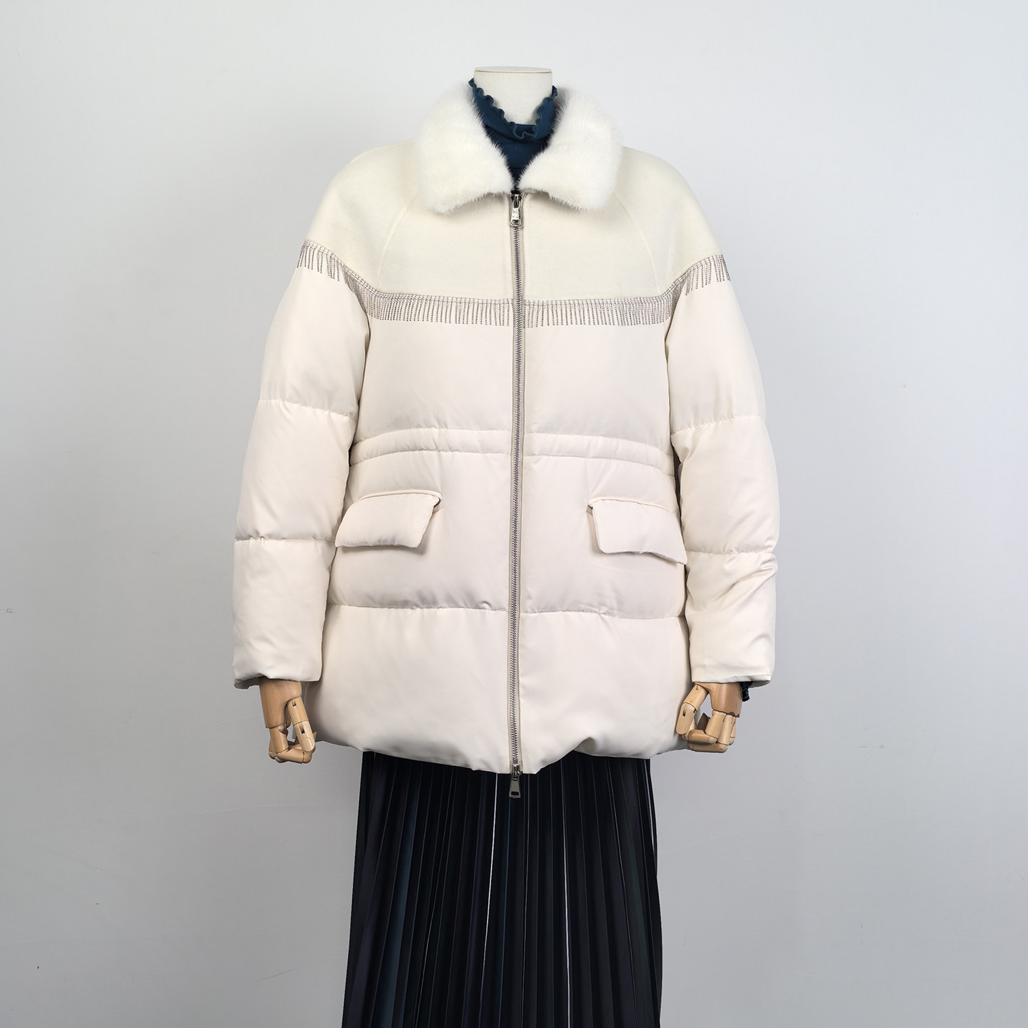 双面呢拼接白鹅绒羽绒服女中长款水貂毛领保暖外套90%含绒量反季