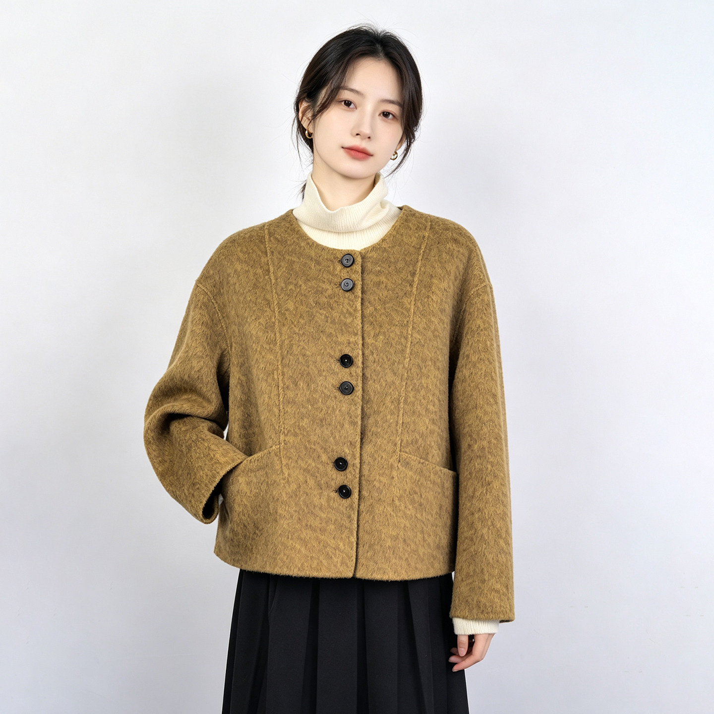 秋冬短款双面呢大衣女圆领宽松