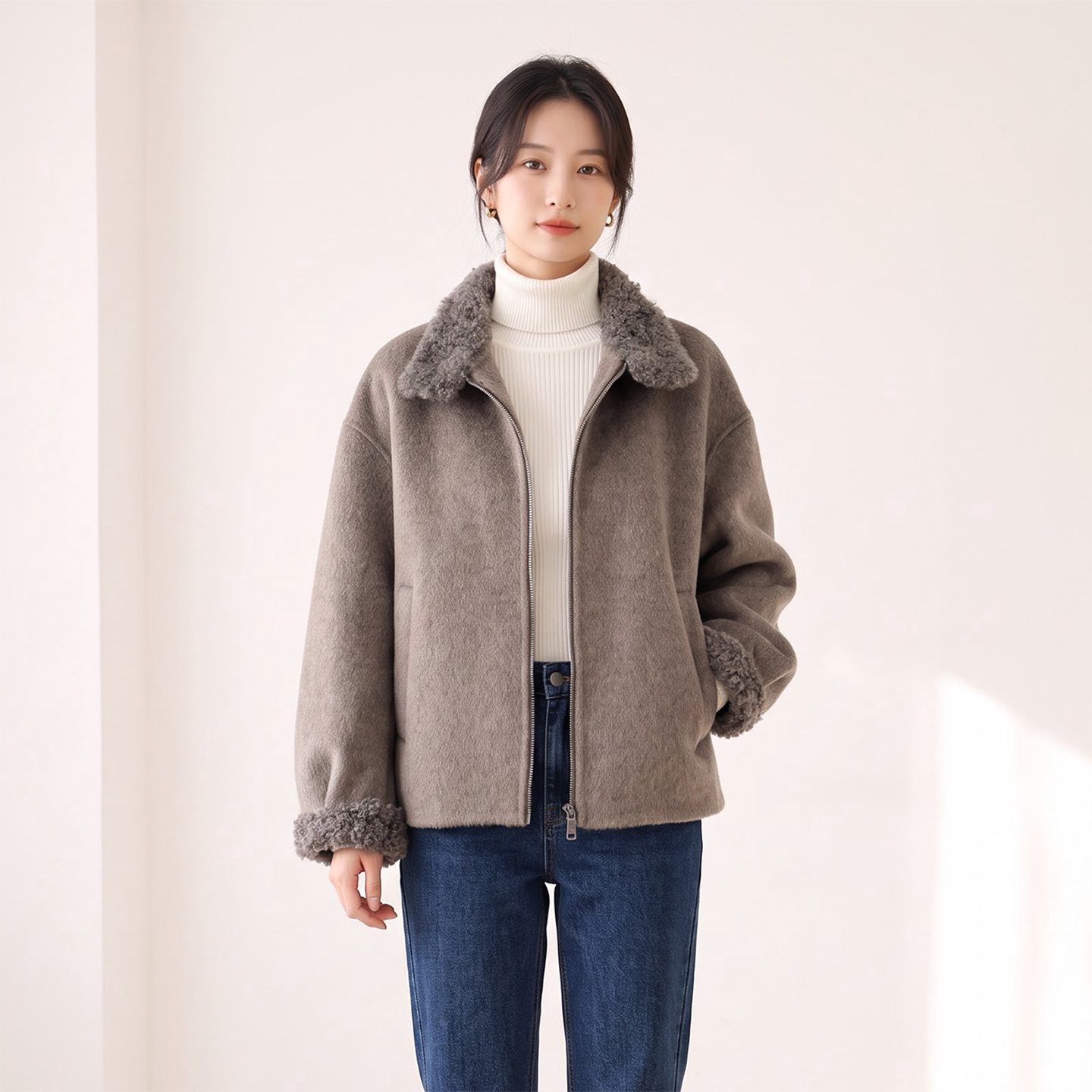 美拉德风毛绒拉链夹克女秋冬
