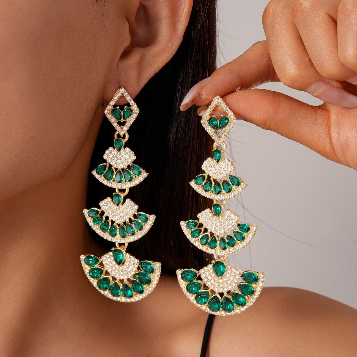 银针镶钻扇形耳环欧美复古夸张