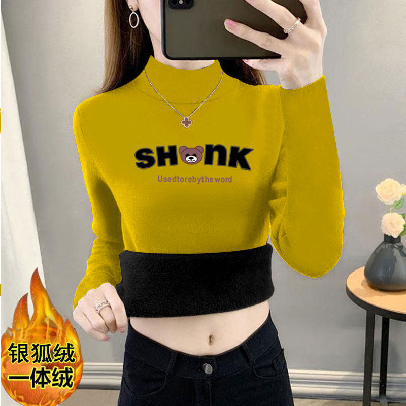 秋冬新款【加绒加厚】半高领一体绒长袖T恤女款修身保暖内搭上衣