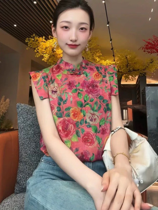 2025新款上衣小衫花萝新中式女装国风立领提花气质玫瑰小飞袖衬衫