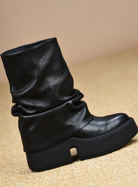 misili~8cm尖头粗跟短靴2026秋冬新款高跟鞋一脚蹬厚底中筒女靴子