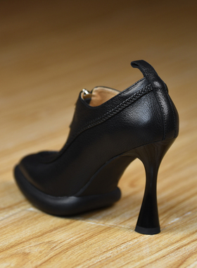 misili 复古尖头高跟深口单鞋女真皮细跟百搭小皮鞋黑色