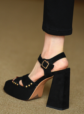 misili方头罗马粗跟凉鞋夏季新款11.5cm高跟鞋防水台黑色复古女鞋