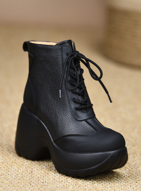 misili 拼接坡跟短靴9.8cm系带高跟鞋2026秋冬新款加绒厚底女靴子