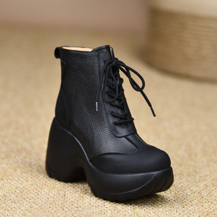 misili 拼接坡跟短靴9.8cm系带高跟鞋2025秋冬新款加绒厚底女靴子