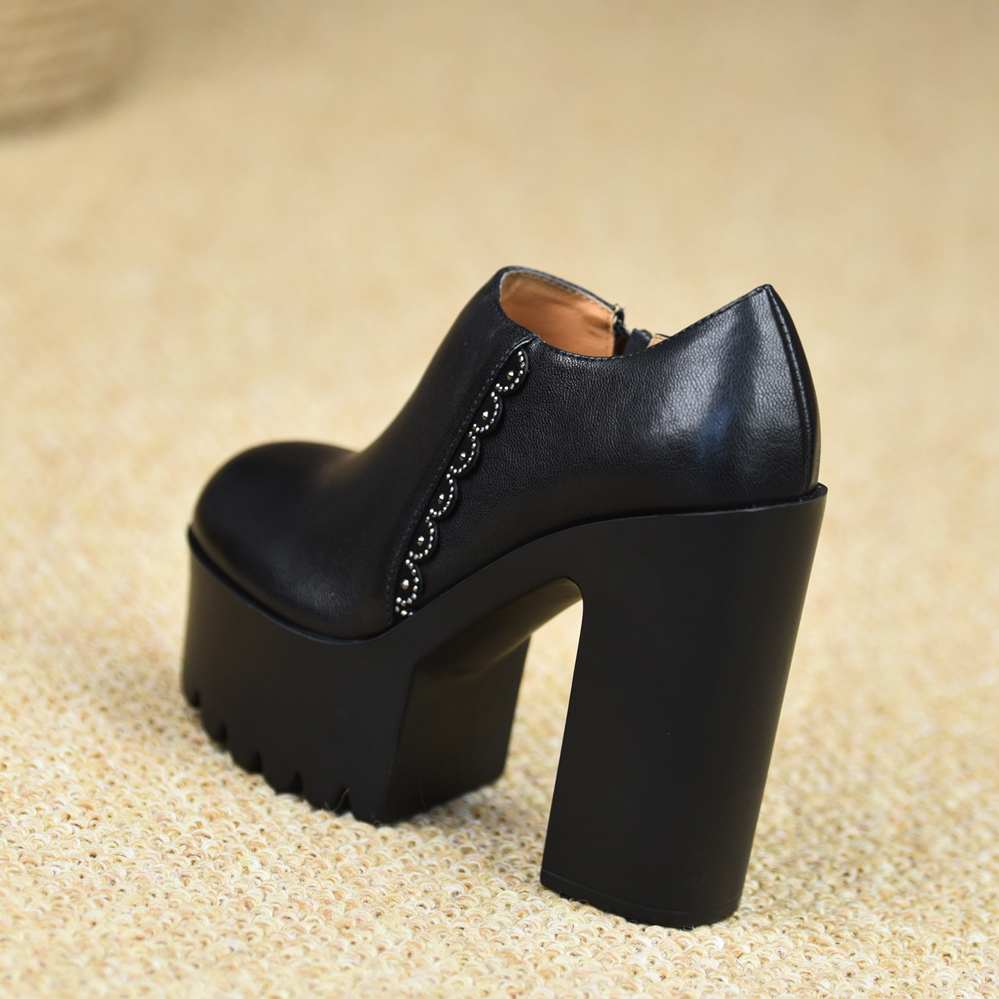 misili侧拉链粗跟单鞋13.3cm圆头高跟鞋2026春季新款厚底真皮女鞋,女鞋,深口单鞋,淘宝优惠券,粉丝福利购,淘宝优惠卷