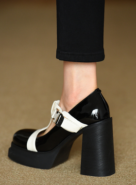 misili法式拼色粗跟单鞋女2026春季新款11cm高跟鞋防水台漆皮女鞋