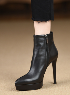 misili尖头细跟短靴女秋冬季新款12cm高跟鞋防水台厚底真皮女靴子
