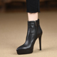 12cm高跟鞋 misili尖头细跟短靴女秋冬季 新款 防水台厚底真皮女靴子