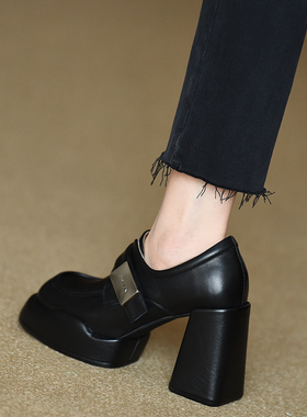 misili 9.5cm方头粗跟单鞋女2026春季新款高跟鞋深口黑色真皮女鞋