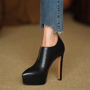 黑色厚底女鞋 misili防水台性感细跟单鞋 13cm尖头高跟鞋 新款 秋冬季