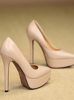 misili~14cm 细跟浅口单鞋2026秋季新款高跟鞋尖头一脚蹬厚底女鞋