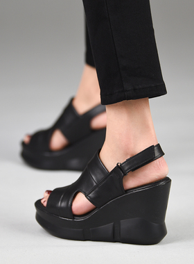 misili罗马鱼嘴坡跟凉鞋春夏季新款10cm高跟鞋防水台厚底真皮女鞋