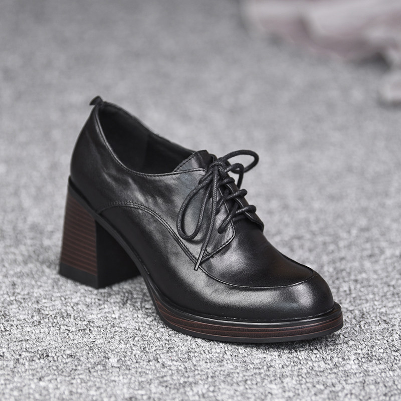 misili 真皮系带深口单鞋女粗跟黑色通勤百搭小皮鞋,女鞋,深口单鞋,淘宝优惠券,粉丝福利购,淘宝优惠卷