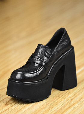 misili乐福鞋粗跟单鞋12cm高跟鞋2026春季新款防水台厚底真皮女鞋