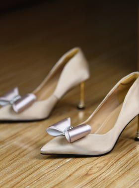 misili 气质蝴蝶结尖头高跟鞋女细跟浅口单鞋礼服婚鞋