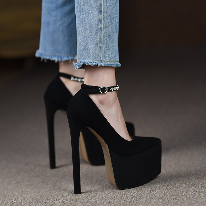 misili 一字带t台走秀款厚底女鞋尖头细跟单鞋秋季新款18cm高跟鞋