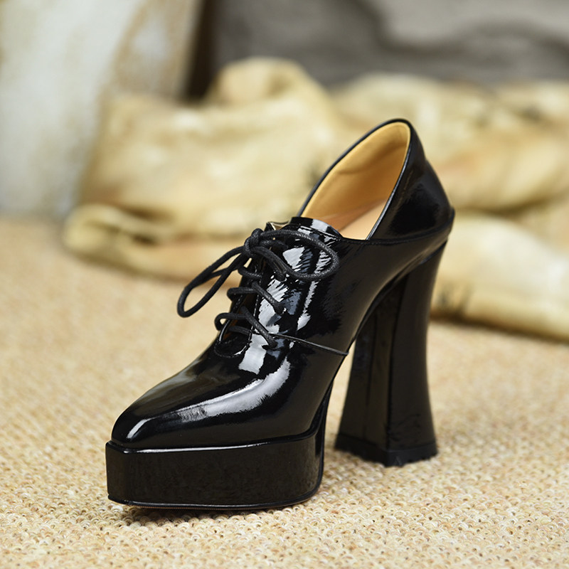 misili 欧美漆皮系带深口单鞋女高跟防水台粗跟尖头黑色高跟鞋,女鞋,深口单鞋,淘宝优惠券,粉丝福利购,淘宝优惠卷