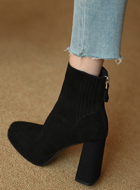 misili韩版百搭高跟女鞋及踝短靴秋冬季新款真皮防水台粗跟时装靴