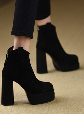 misili方头粗跟短靴秋冬季新款12.5cm高跟鞋防水台厚底真皮女靴子