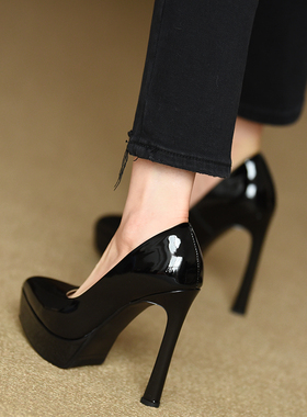 misili尖头细跟单鞋2026春季新款12.5cm高跟鞋防水台浅口真皮女鞋